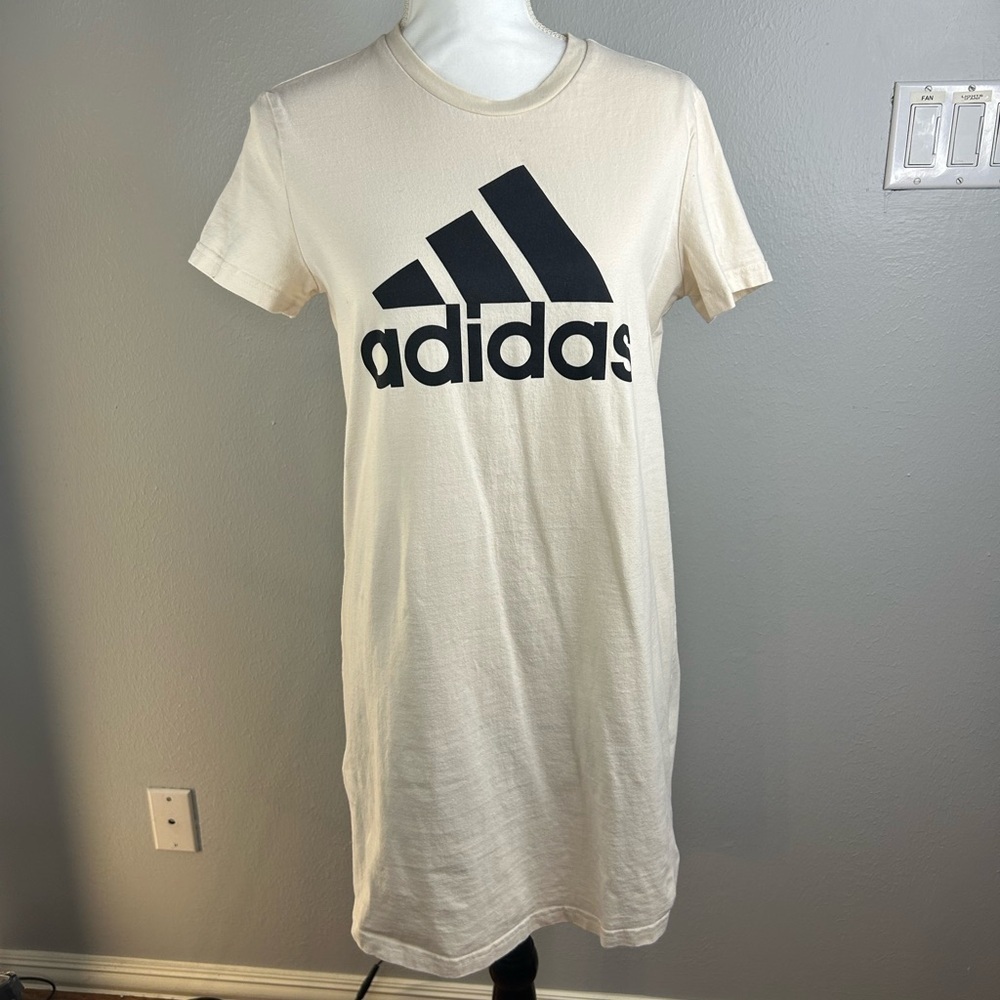 Adidas Originals T-Shirt Dress Women’s Small – Beige Cream Logo Tee Dress - Picture 2 of 7
